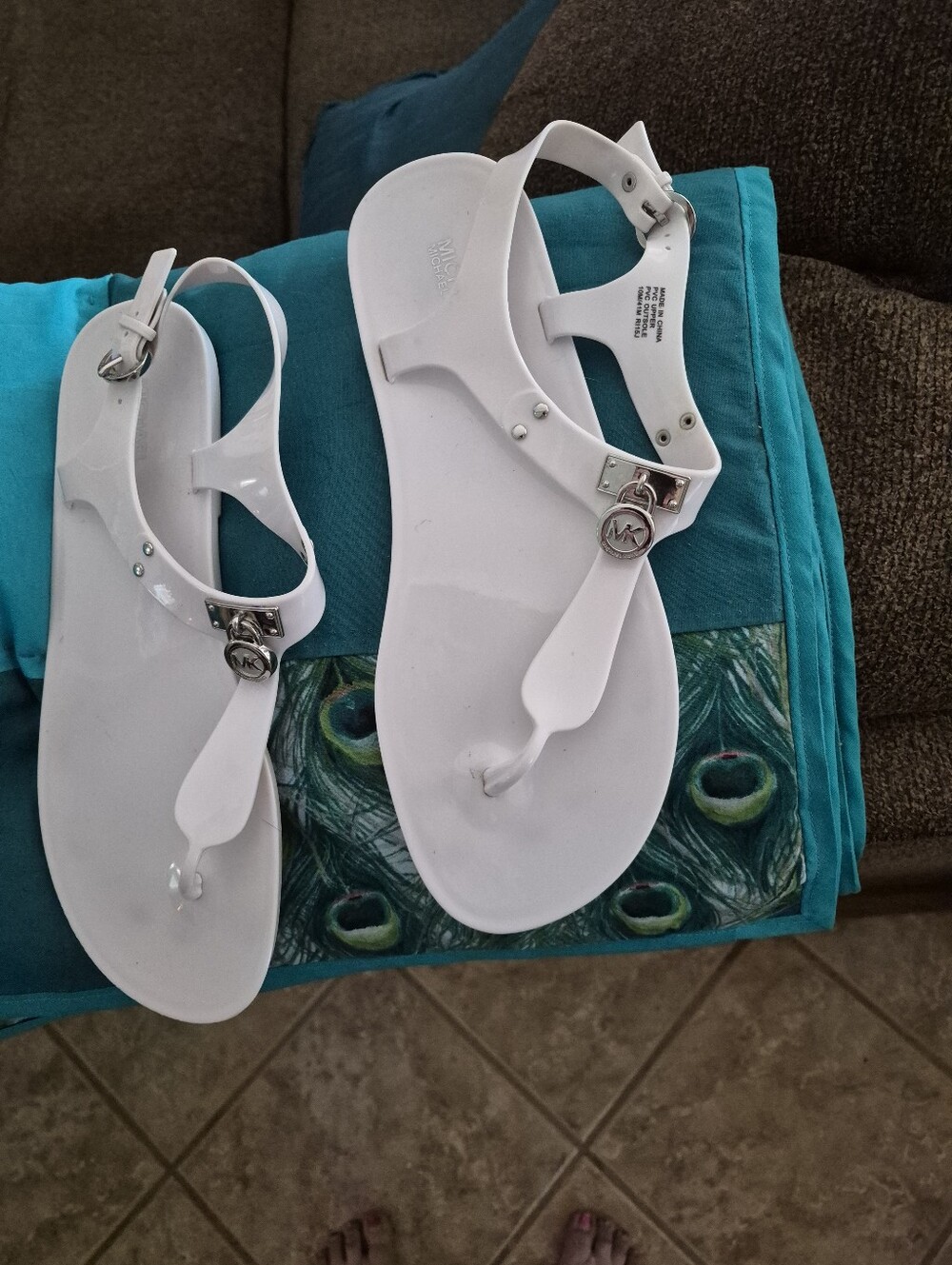 Michael Kors White Jelly T-Strap Sandals with Silver MK Accent